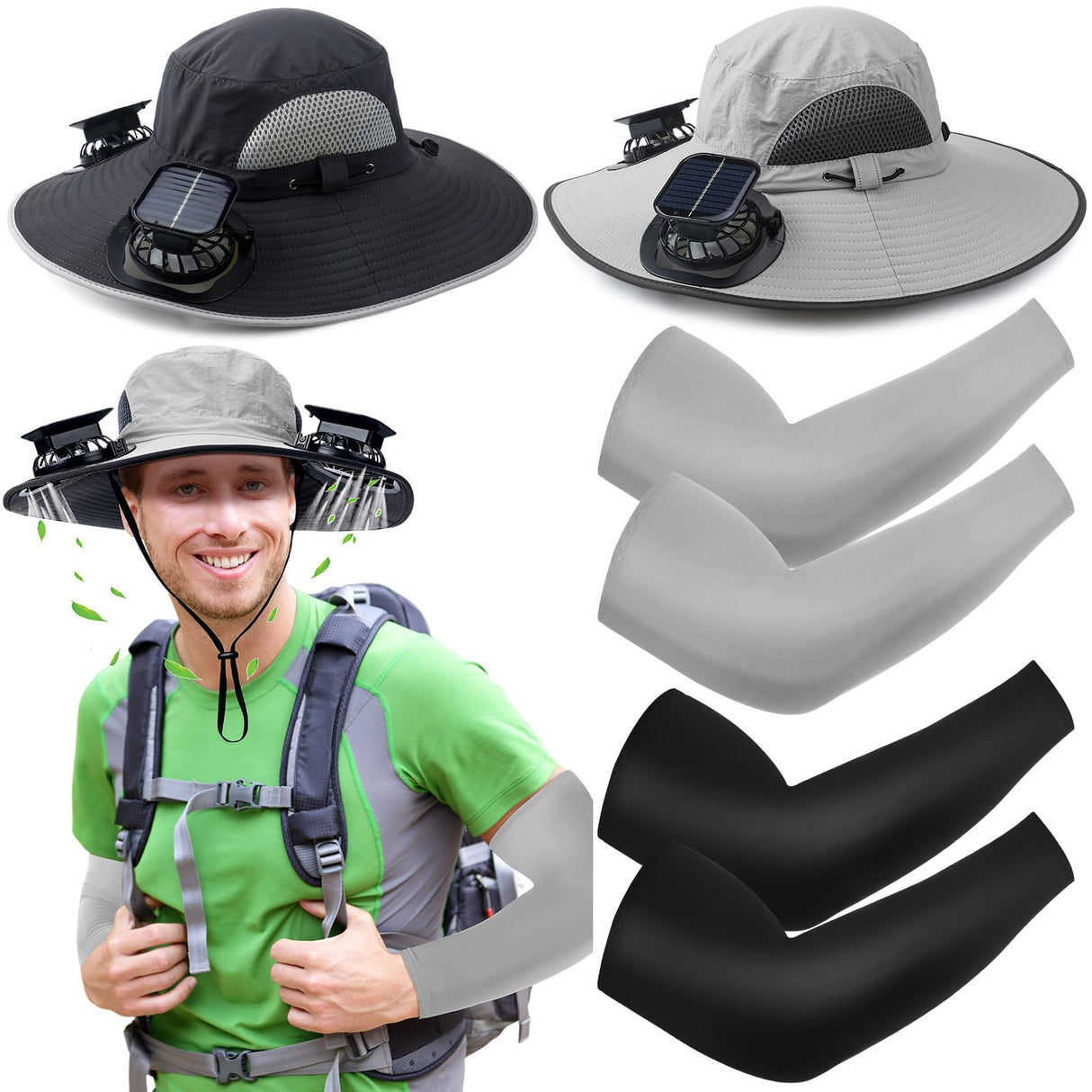 Glitopper 2 Set Wide Brim Solar Fan Hats with 2 Solar Fan and Arm Sleeves Set Outdoor Fishing Bucket Hat for Men Women Hiking(Black and Light Gray,Simplicity)