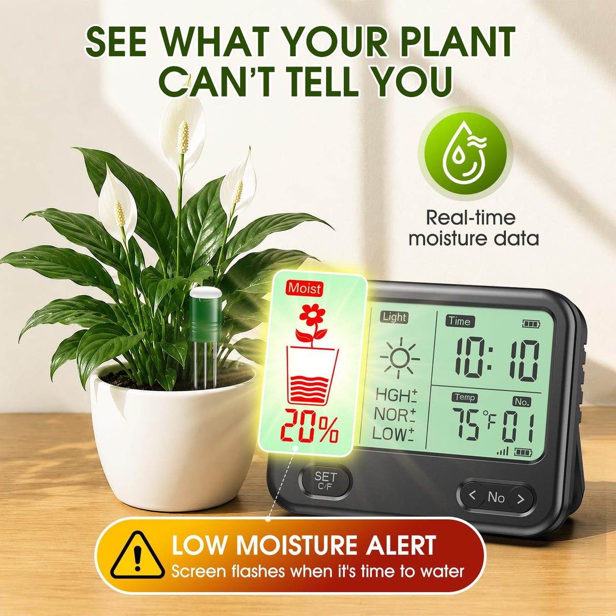 Soil Moisture Meter for Plants,4-in-1 Wireless Soil Tester,Soil Thermometer/Moisture/Sunlight Time,Large Screen,Indoor/Outdoor Plant Water Meter,Garden Soil Test Kit for Lawn,Farm,Houseplants