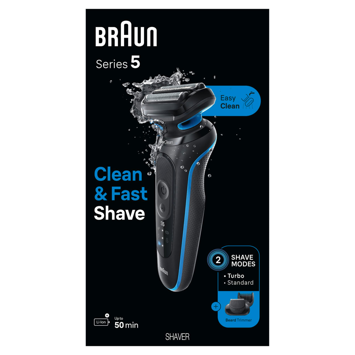 Braun Electric Shaver for Men, Series 5 5120s, Wet & Dry Shave, Turbo Shaving Mode, Foil Shaver, Engineered in Germany, with Beard Trimmer & Attachments, Blue