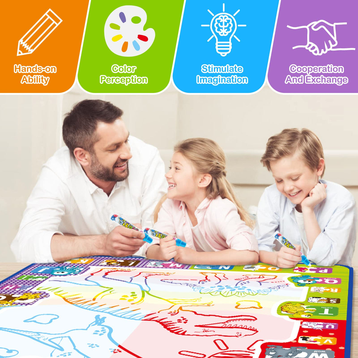 Jasonwell Aqua Water Doodle Mat 31x31 Inches Large Magic Drawing Doodling Mat Coloring Mat Educational Toys Christmas Birthday Gifts for Kids Toddler Boys Girls Age 2 3 4 5 6 7 8 Year Old (Alphabet)