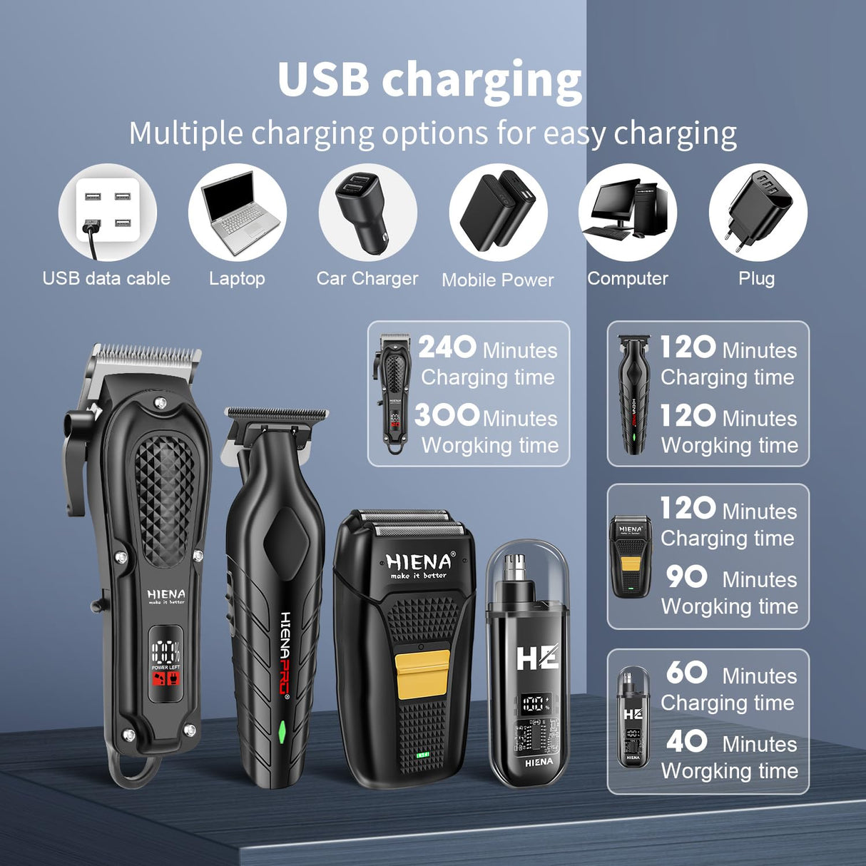 HIENA PRO Professional Hair Clipper Set for Men, Cordless Barber Clippers Set and Trimmer Kit, Electric Beard Trimmer & Nose Trimmer Kit, Foil Shaver & Men's Facial Grooming Tool Kit, Gifts for Men