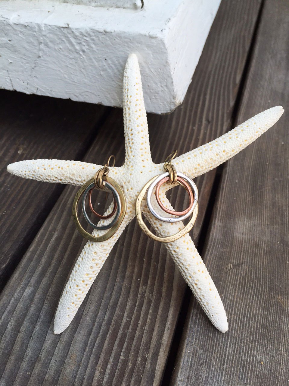 Handmade Sunrise Earrings – Cape Cod USA Award-Winning Artist Judith Stiles – Lightweight Mixed Metal Dangle Earrings – Hammered Brass, Copper & Silver Tone Circles – Coastal Beach Jewelry, Bohemian Style with a Yoga Heart – A Great Gift for Women