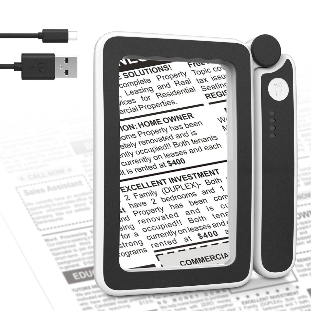 MoKo Magnifying Glass for Reading, Rechargeable 4X Full Page Book Magnifier, Magnifying Glass with Light 3 Modes, Folding Handheld Reading Magnifiers for Seniors Elderly Low Visions,Black
