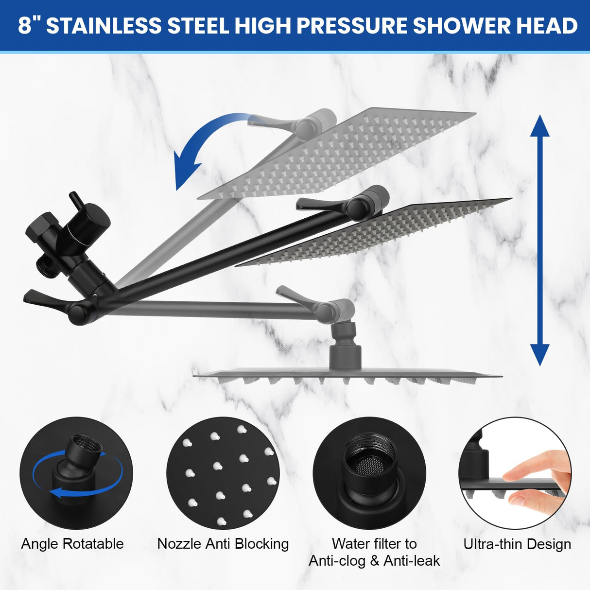 Tudoccy Shower Head, 8ββ High Pressure Rainfall Shower Head/Handheld Shower Combo with 11'' Extension Arm, 9 Settings Anti-leak Shower Head with Holder, Height/Angle Adjustable, Matte Black