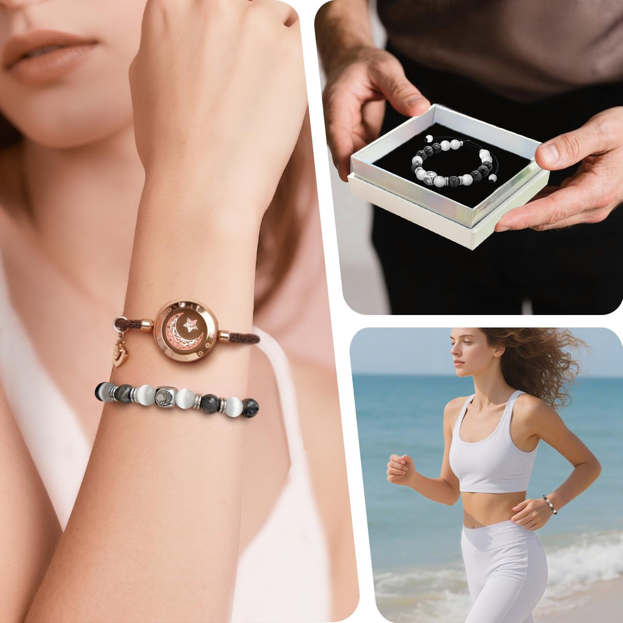 Elegant Beaded Bracelets - Natural Stone & Stainless Steel Healing Energy Jewelry for Couple Lover, Adjustable Sun and Moon Non-Smart Bracelet Set with Positive Meaning, Perfect Friendship Gifts