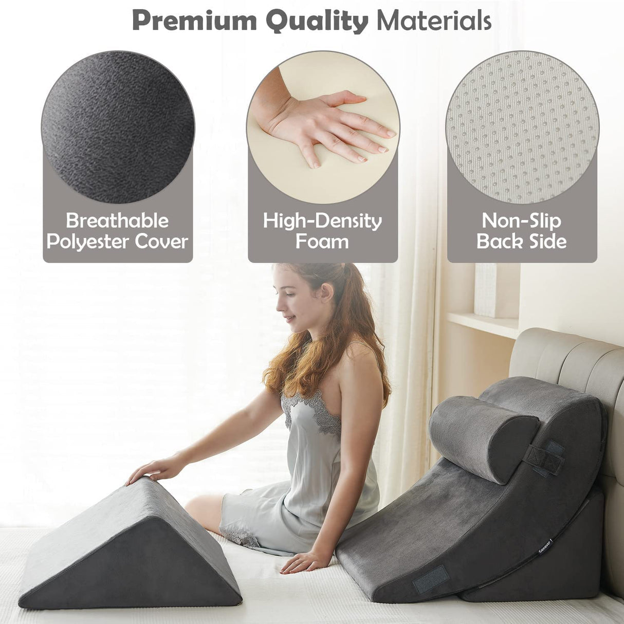 Ganaver 4pcs Orthopedic Bed Wedge Pillow Set Post Surgery Relaxing Back Adjustable Head Support Cushion Triangle Memory Foam Pillow for Acid Reflux Sleeping Reading Leg Elevation Snoring