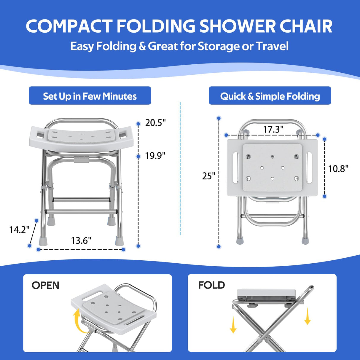 Folding Shower Seat - Stainless Steel Shower Chair for Inside Shower - 420lbs Height Adjustable Foldable Shower Stool - Portable Travel Collapsible Bath Bench for Elderly, Handicap & Disabled (Gray)