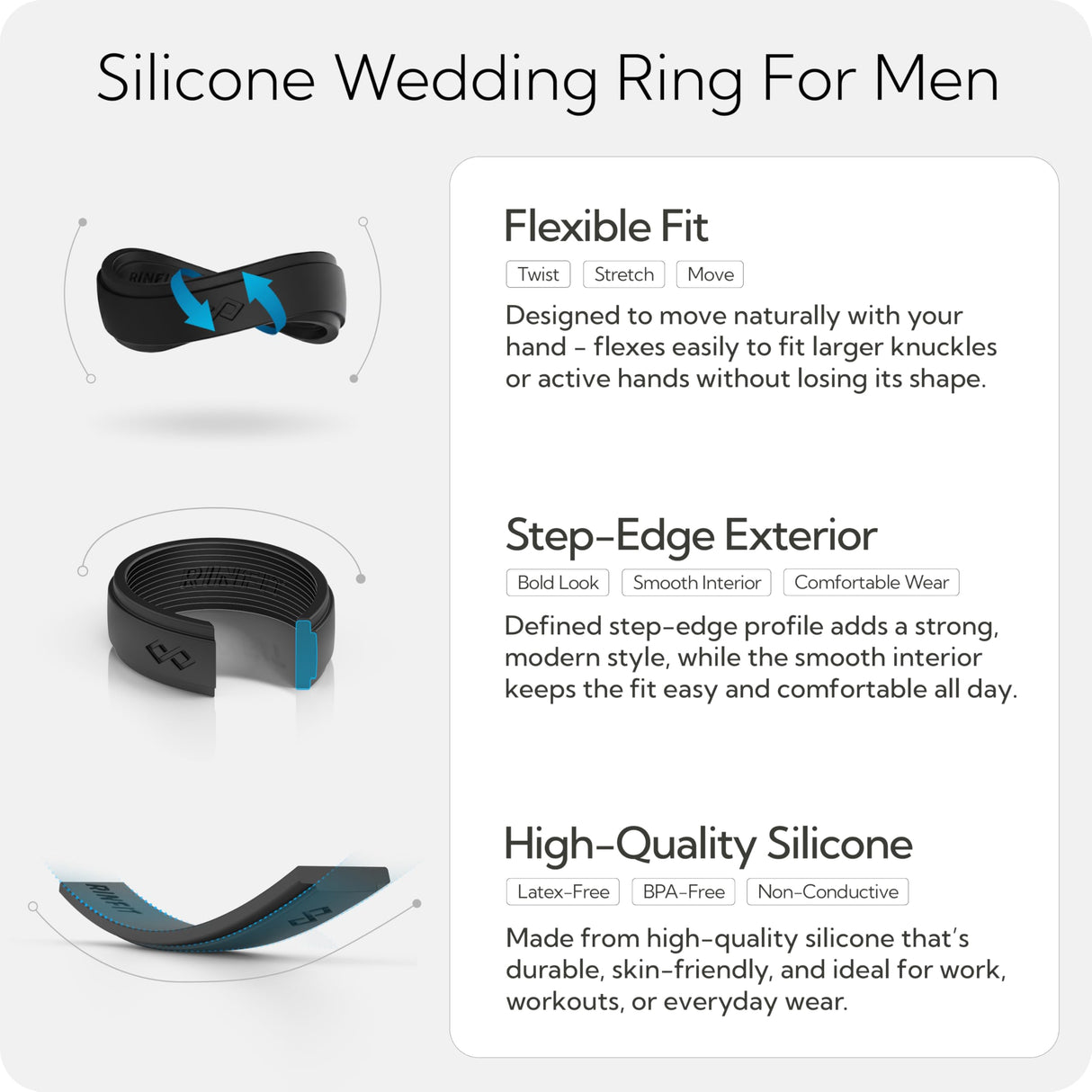 Rinfit Silicone Wedding Band for Men, Infinity - Pack C, Size 10