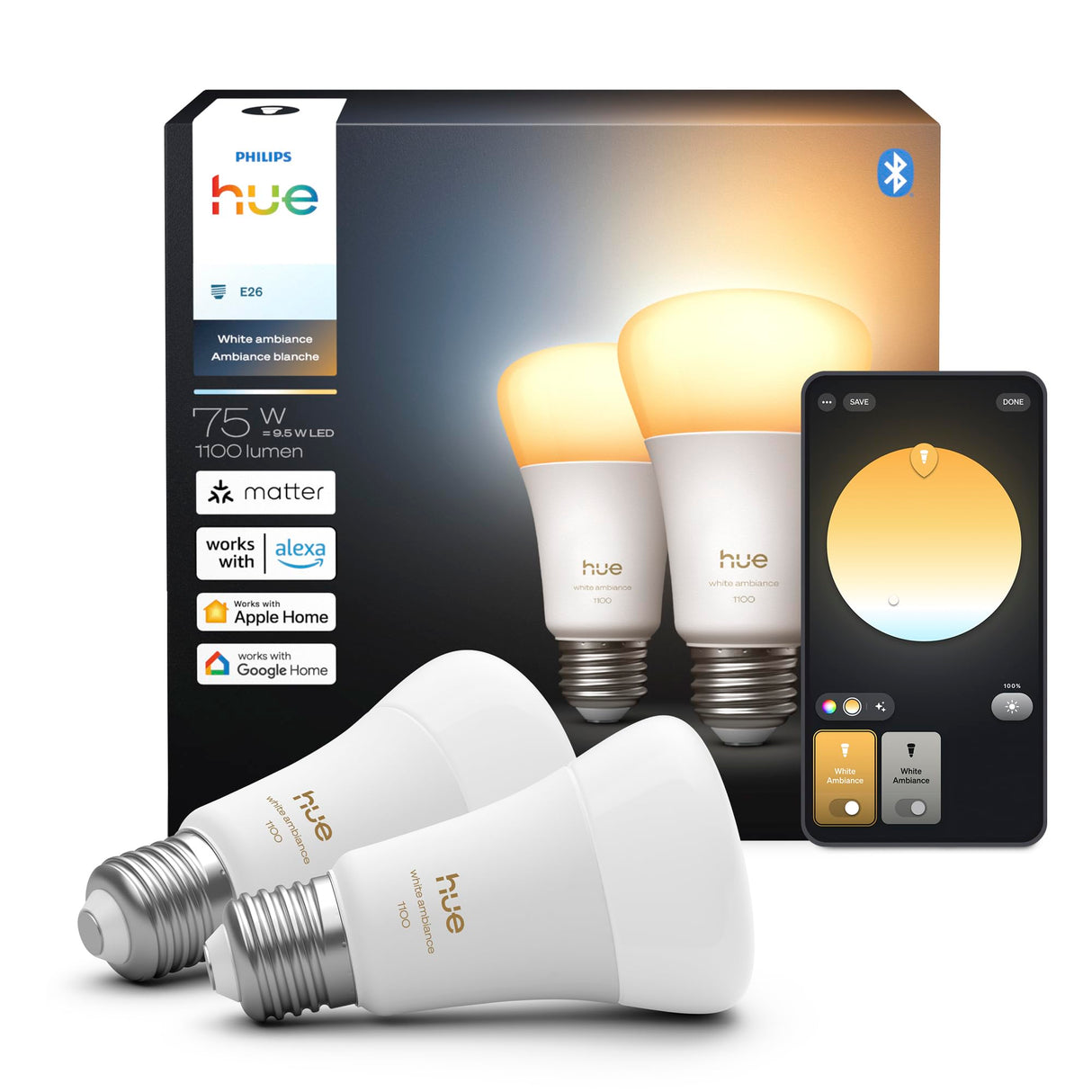 Philips Hue Smart LED A19 Bulb 2-Pack, White Ambiance, E26 Base, 9.5W, Full Spectrum Light 1000K-20000K, 1100 Lumens, Dimmable LED Bulbs, Works with Alexa, Google, and Apple Home