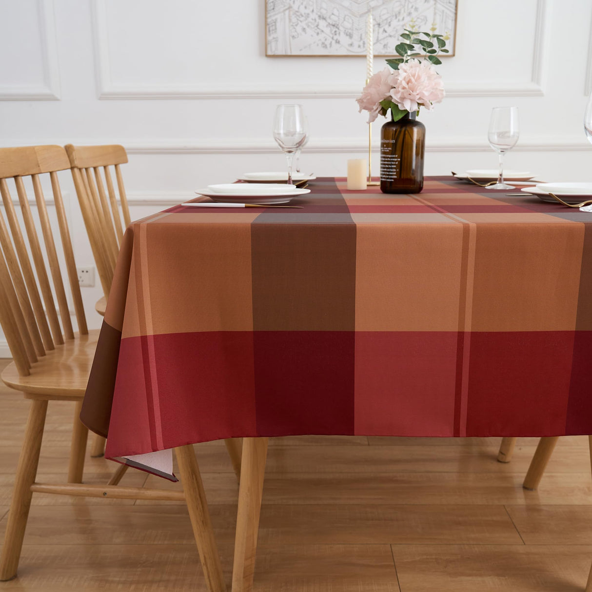 Red Brown Plaid Winter Rectangle Tablecloth - 60 x 120 Inch Oblong Polyester Checkered Gingham Christmas Table Cover Reusable Water Resistant for Fall/Autumn Thanksgiving Holiday Kitchen Dining