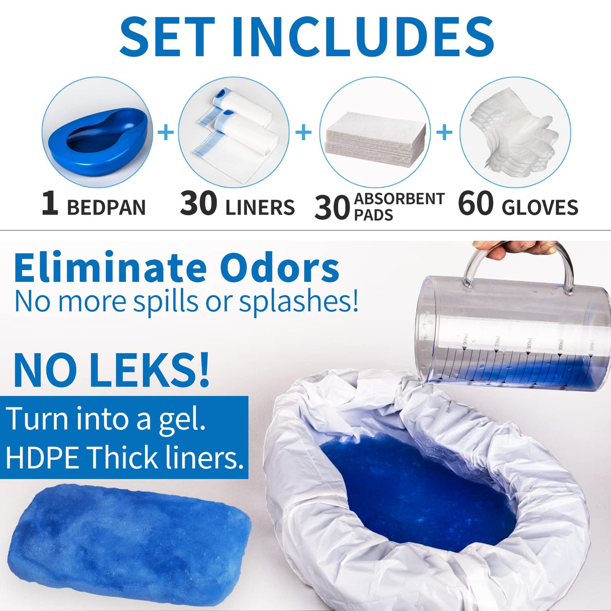 Bedpan Set with 30 Super Absorbent Pads and Disposable Liners, Bed Pans for Elderly Females Women and Men Comfortable, Thick PP Extra Large Heavy Duty by MINIVON