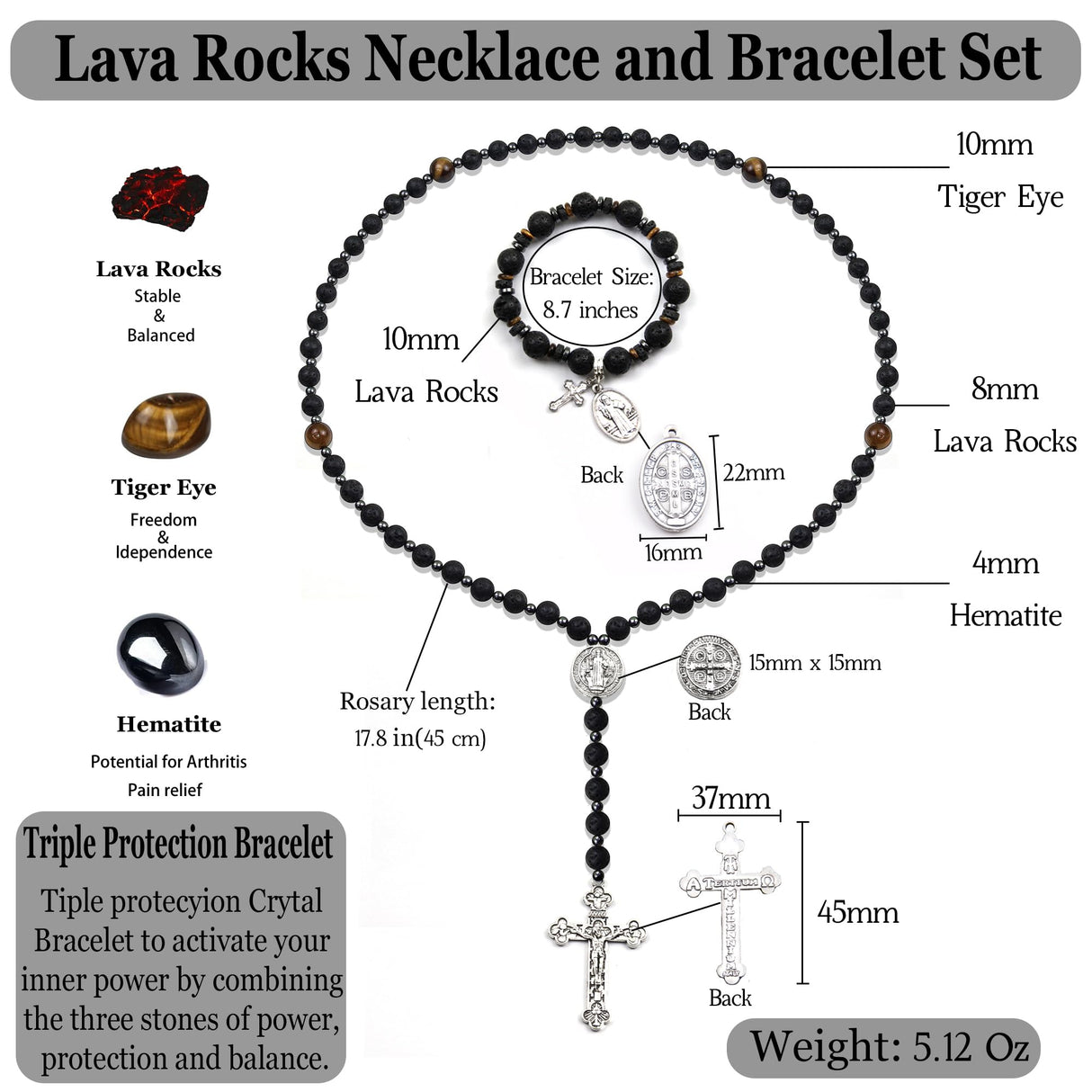 LGEPAH Rosary for Men, Black Lava Rock Beads with St. Benedict Bracelet