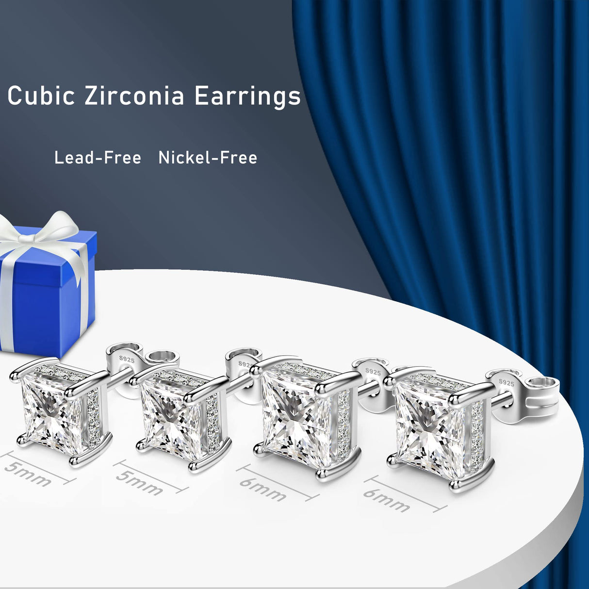 Princess Cut Cubic Zirconia Stud Earrings for Men Women (6MM, White Gold)