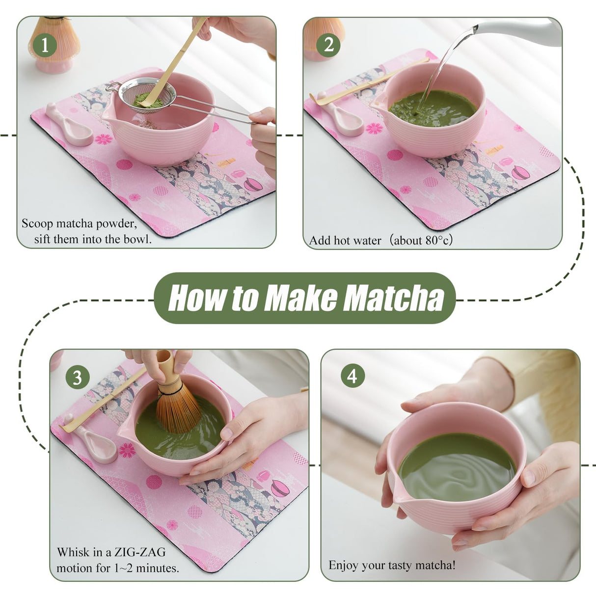 Clay&Fire Matcha Whisk Set, Ceramic Matcha Set, Matcha Bowl with Spout and Whisk, 8 pcs Matcha Tea Kit for Matcha Lovers, Ideal Gift Christmas, Birthday (Pink)