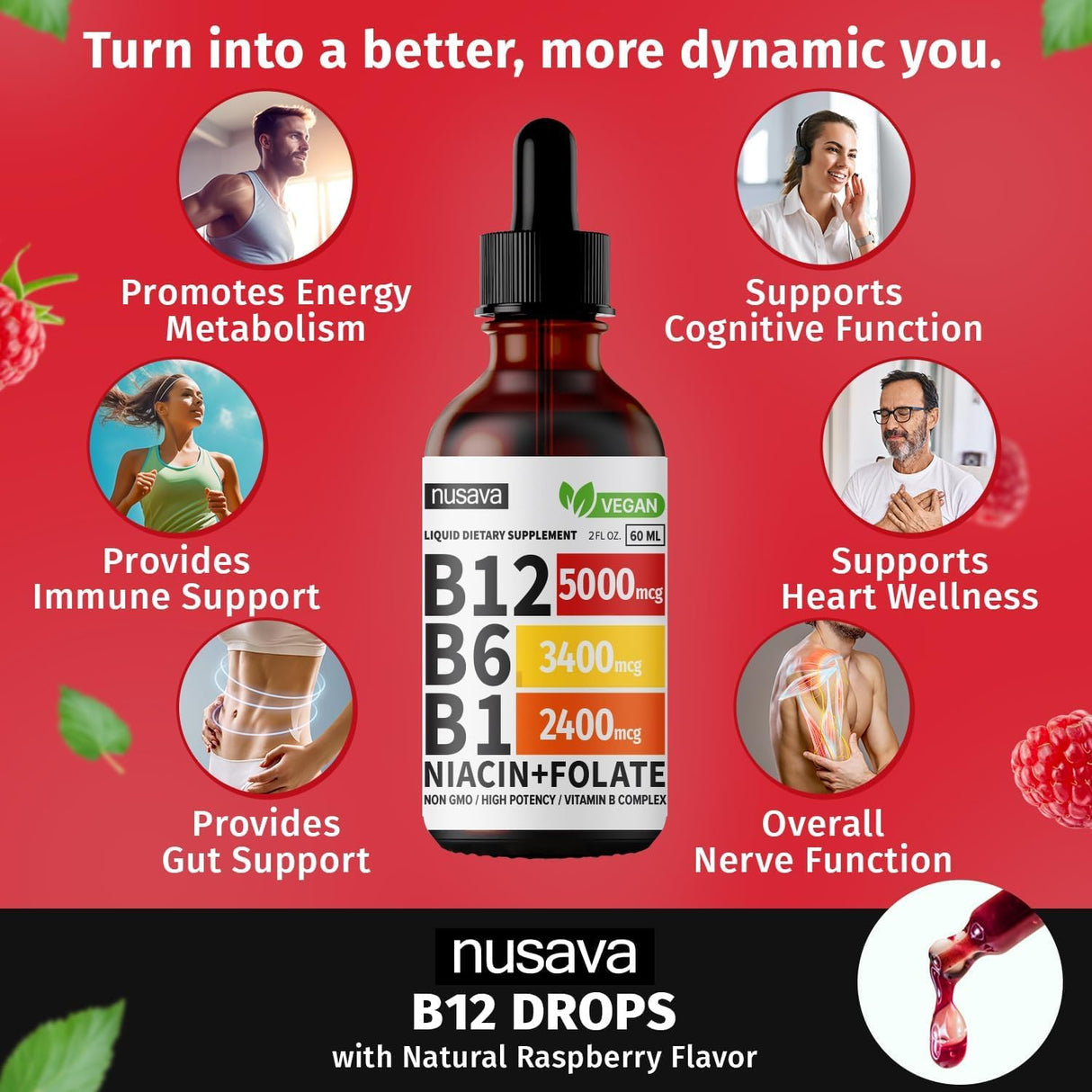 (4 Pack) Vitamin B12 and B6 Liquid Drops, B12 Sublingual Vitamin B Complex - B 12 Vitamin 5000mcg - B12 Methylcobalamin for Energy, Brain, and Heart Support with 27,200 mcg, Raspberry, 80 Servings