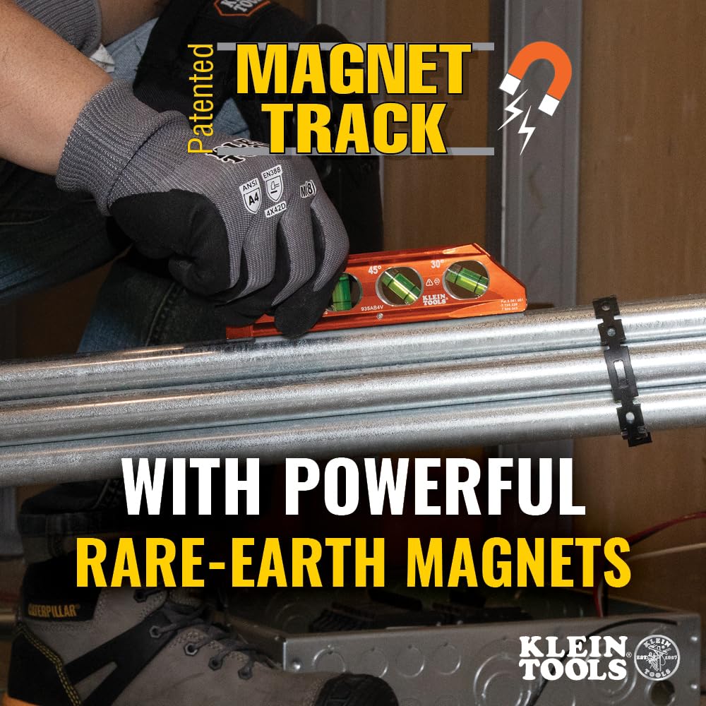 Klein Tools 935AB4V Level, 6-Inch Magnetic Torpedo and Conduit Level with 0/30/45/90 Degree Vials, V-Groove and Magnet Track, High Visibility Orange