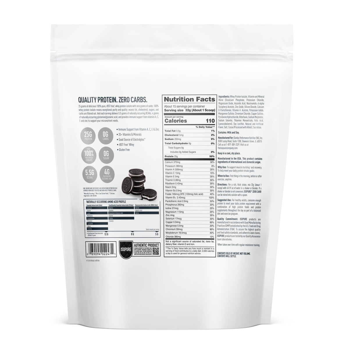 Isopure Zero Carb 100% Pure Whey Isolate Protein Powder, Lactose Free, Gluten Free, With Vitamins, Cookies & Cream, 25g Protein Per Serving, 1 Lb, 15 Servings (Packaging May Vary)