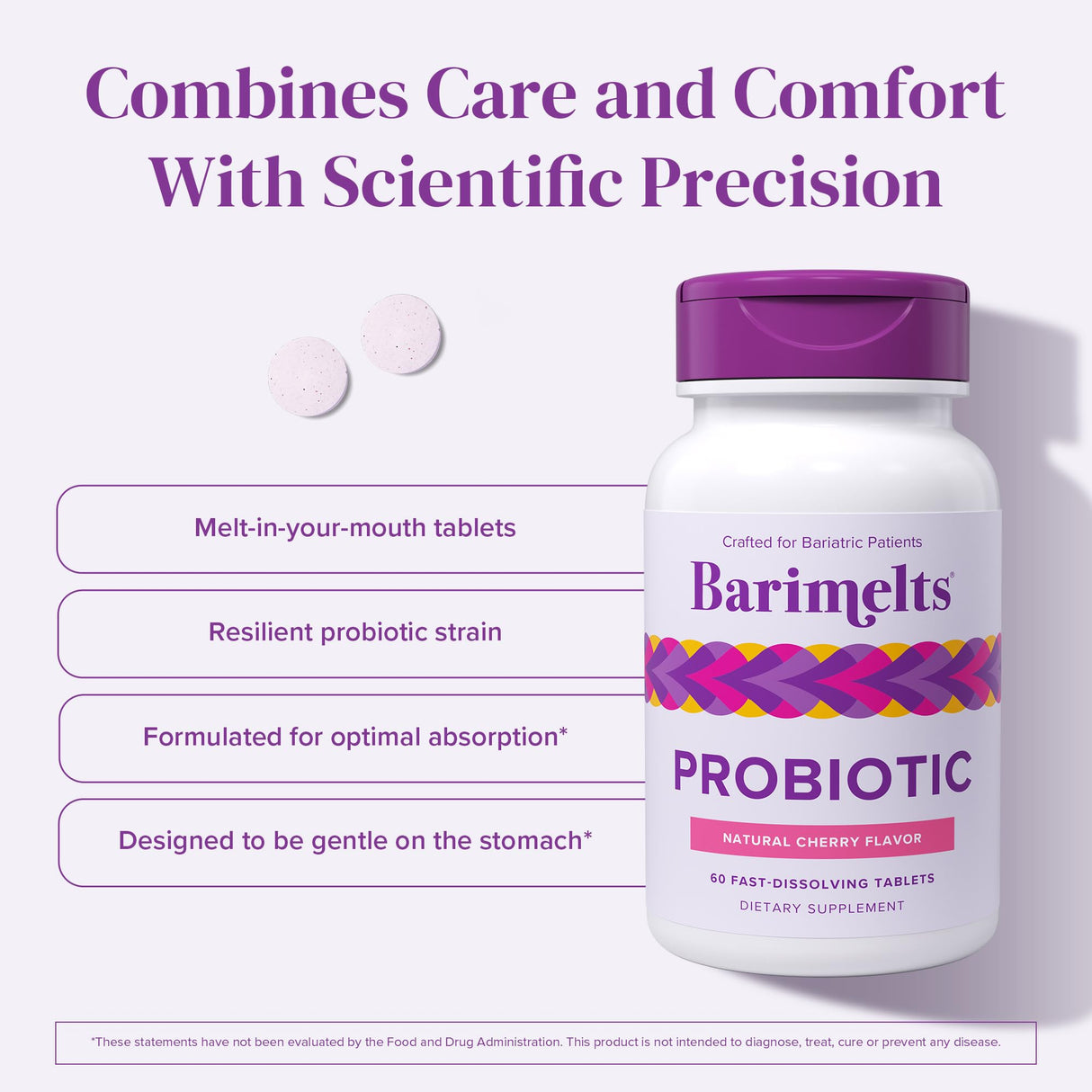 BariMelts Probiotic, 5 Billion CFU, 60 Fast-Dissolving Tablets (2-Month Supply), Sugar-Free Probiotics for Women, Support Gut Health After Bariatric Surgery, Natural Cherry Flavor