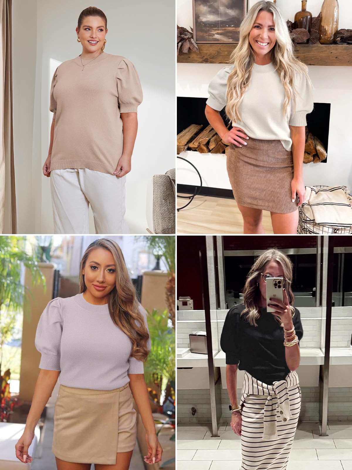 ATHMILE Women's Puff Short Sleeve Sweater Tops 2025 Fall Winter Trendy Crew Neck Casual T Shirts Blouses Christmas A-Wine Red