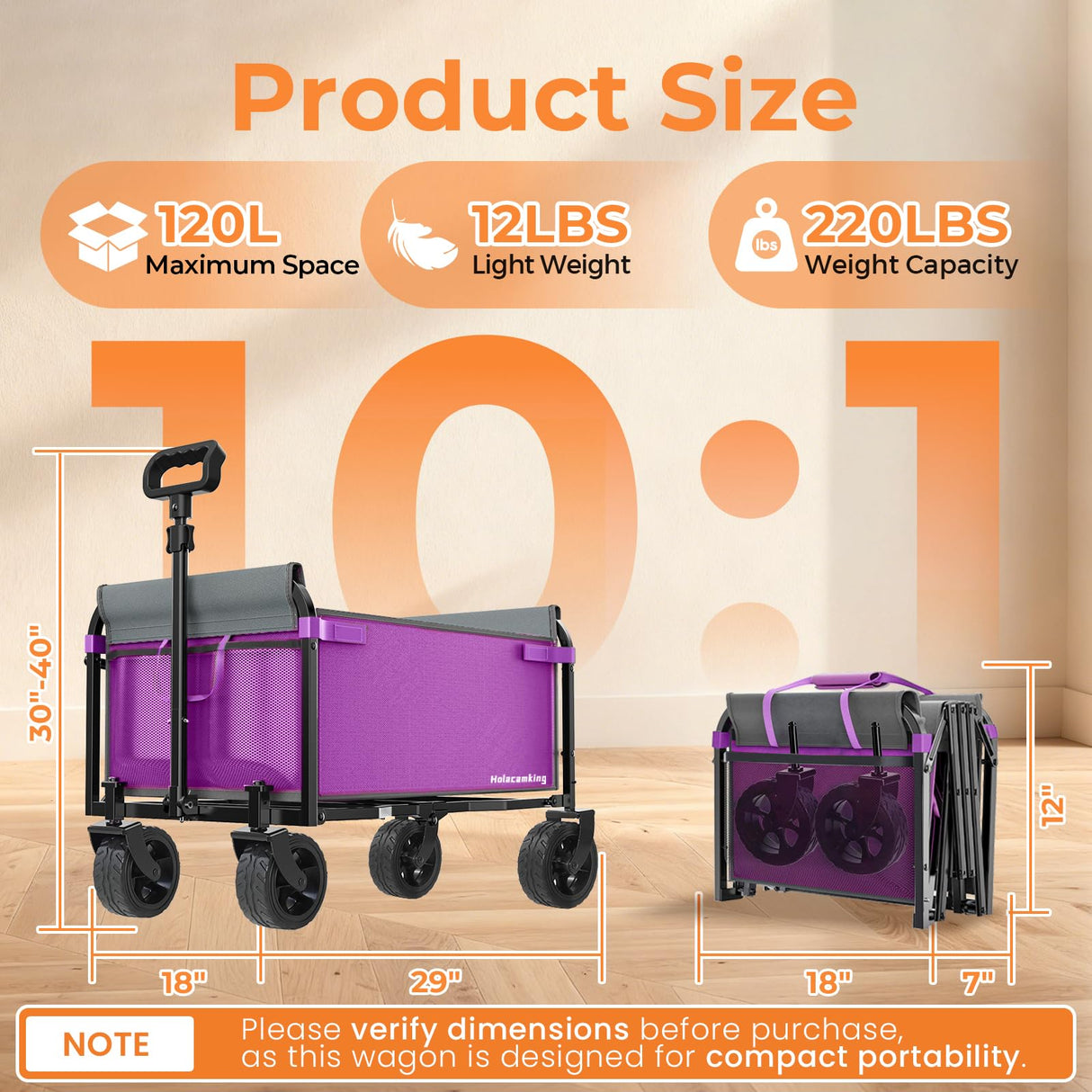 Holacamking Portable Collapsible Wagon Cart, Foldable Cart with Removable Side, Utility Groceries Wagon for Dogs Pets Camping Beach Shopping Sports Gardeing Fishing, Purple