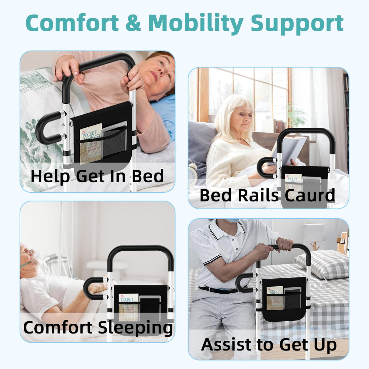 Bed Rails for Elderly Adults Safety - Adjustable Bed Assist Rails for Full Size Bed, Portable Bed Cane for Seniors with Storage Pocket, Hold up to 300 Lbs, Easy Setup, Bedside Safety and Stability