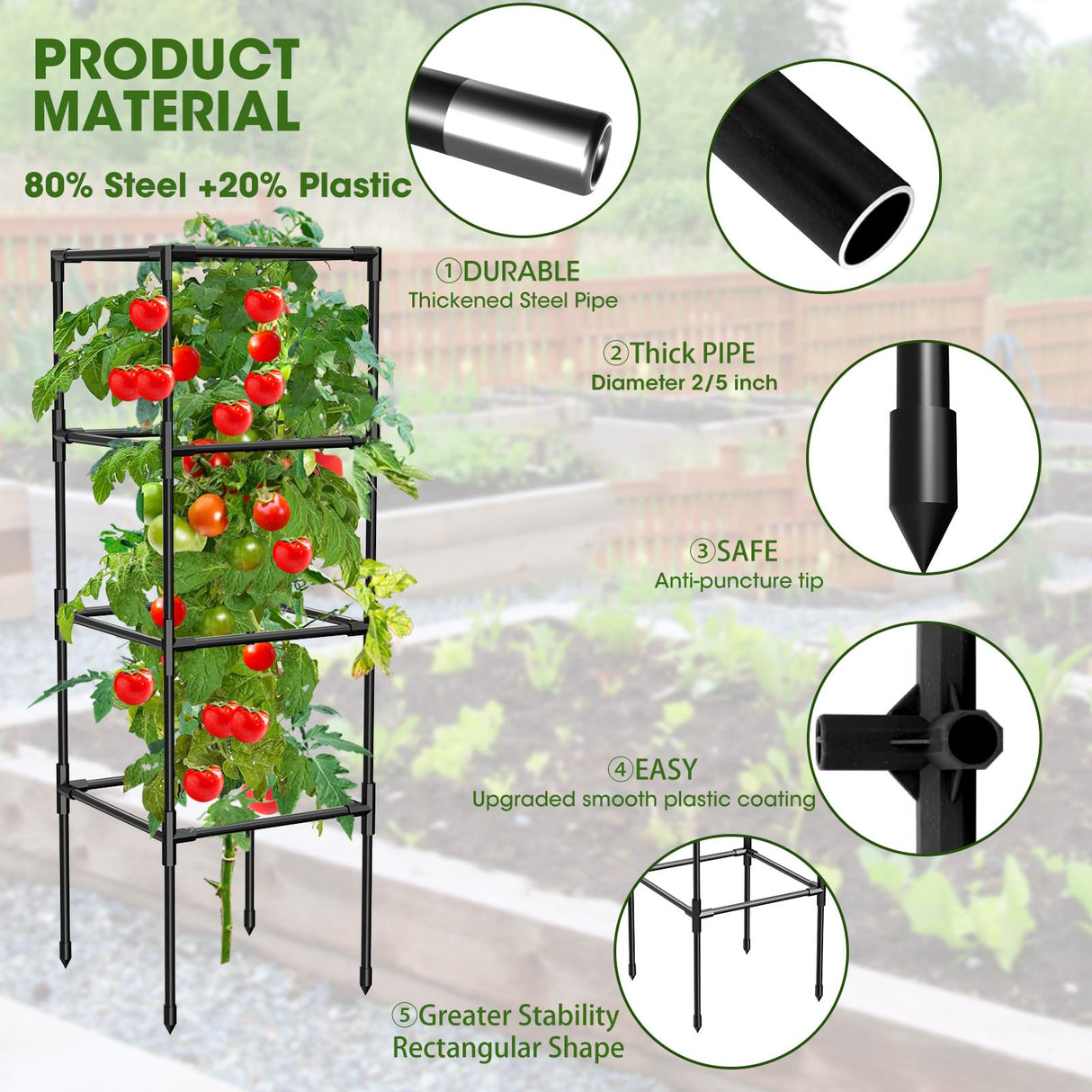 MQHUAYU 3 Pack Tomato Cages, Square Tomato Plant Stakes Support Cages Trellis for Garden Climbing Vegetables Flowers Fruits,Extra Bold,Black