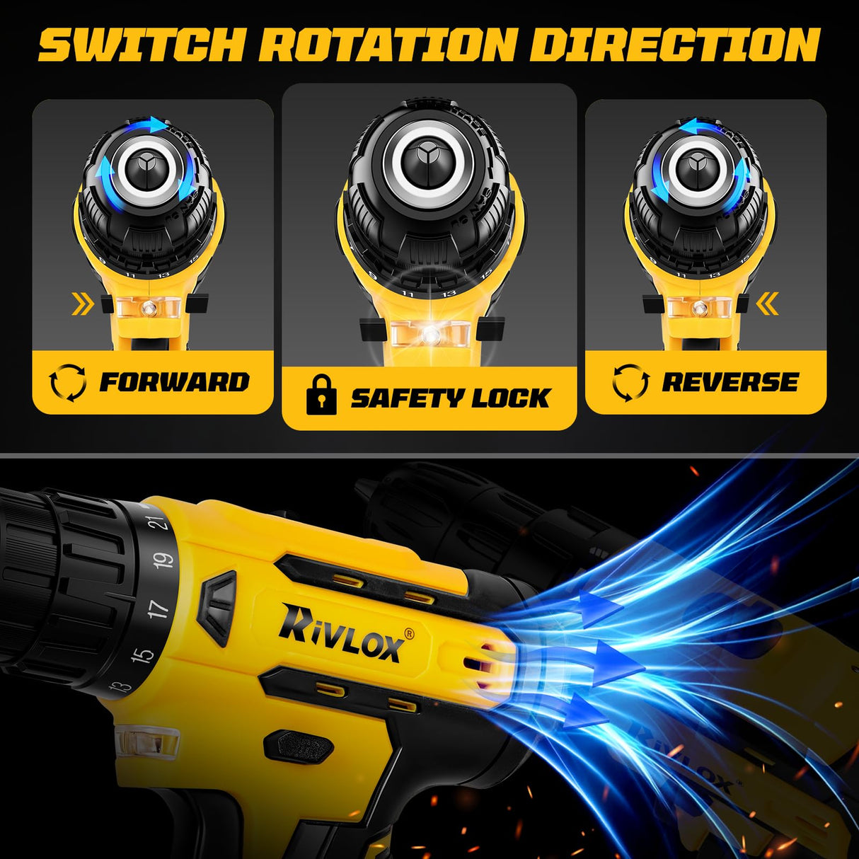 20V Cordless Drill Set,Electric Power Drill Cordless,Power Drill Drivers,Electric Screwdriver - 2.0Ah Batteries, 30Nm,21+1 Torque,2 Speed, Built-in LED,Kit for Home, Yellow