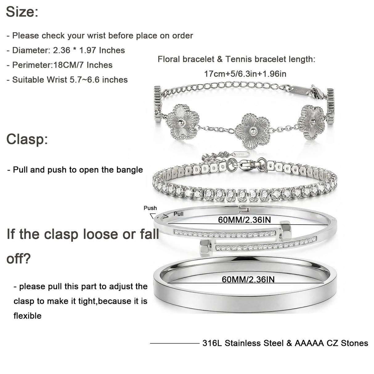 Camhanno Gold Bracelets for Women-4Pcs 18K Gold Plated Love Bangle Tennis Clover Nail Bracelets Stack Set for Women Trendy Non Tarnish Stainless Steel Gold Bangles Accessories Designer Jewelry (Silver Stack Bracelet -2)