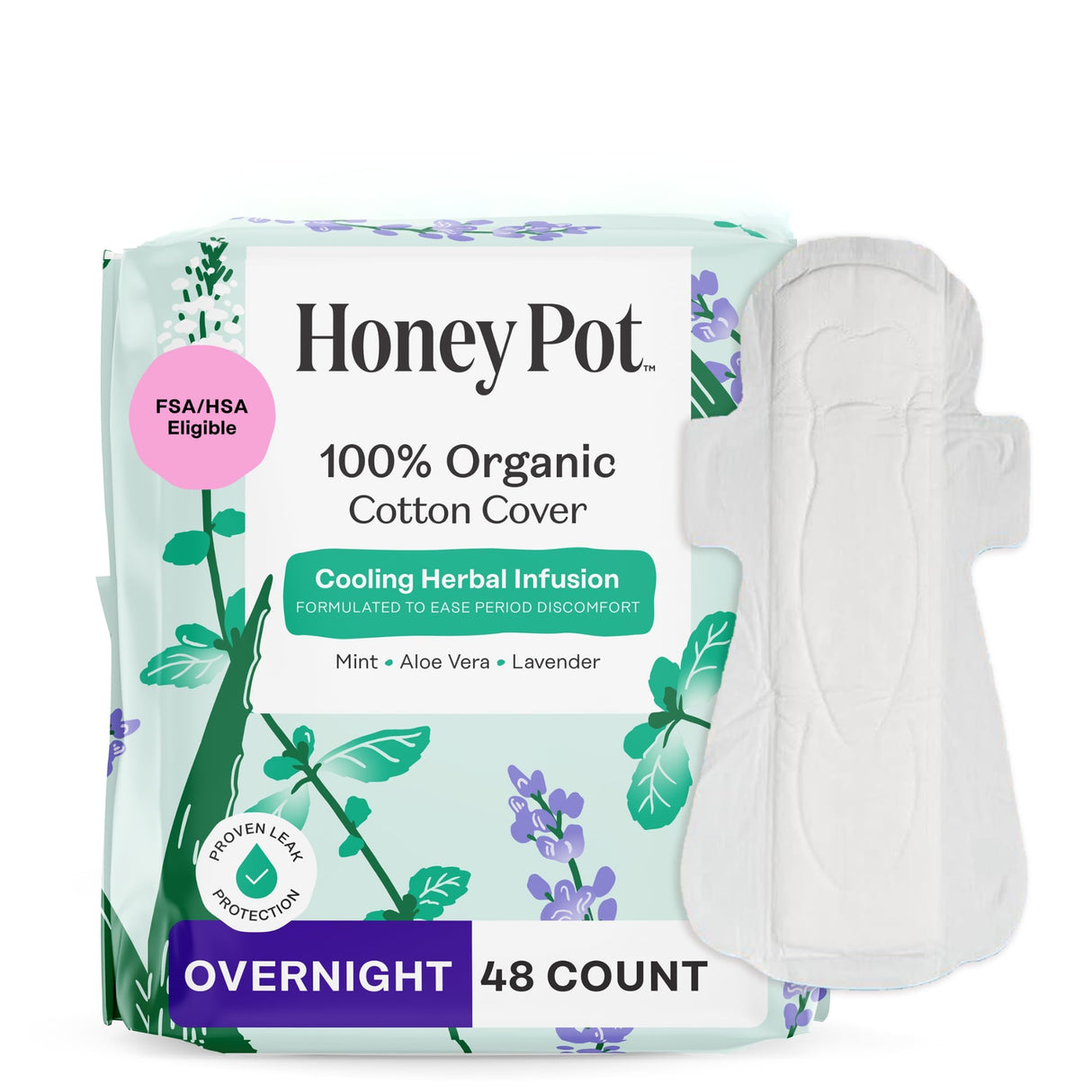 The Honey Pot Company - 48 ct - Herbal Pads for Women - Overnight w/Wings - Infused w/Essential Oils for Cooling Effect & Organic Cotton Cover - Feminine Care - FSA & HSA Eligible