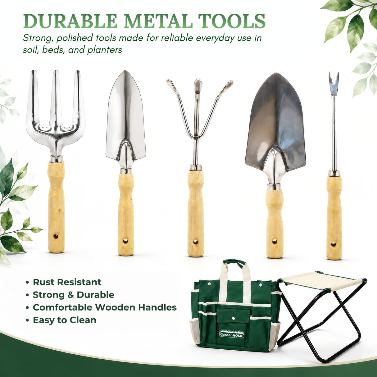 GardenHOME 7-Piece Gardening Tool Set with Folding Stool and Storage Tote Bag, Stainless Steel Garden Tools with Wooden Handles, Garden Kit for Planting, Weeding, Pruning, Yard Work, Gardening Gifts