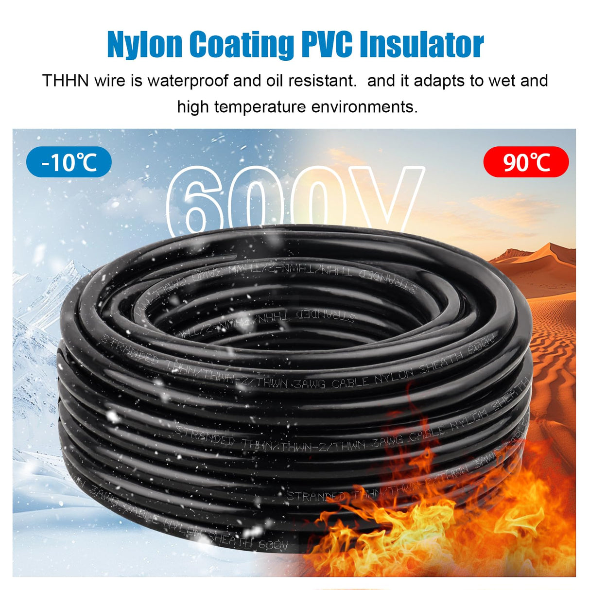 THHN Wire 3 Gauge 25 FT Stranded Copper Wire, 3 AWG Copper Wire Rated up to 600V Building Wire Nylon Jacket for Residential, CNC, Ground, Industrial (3 Gauge, Black)