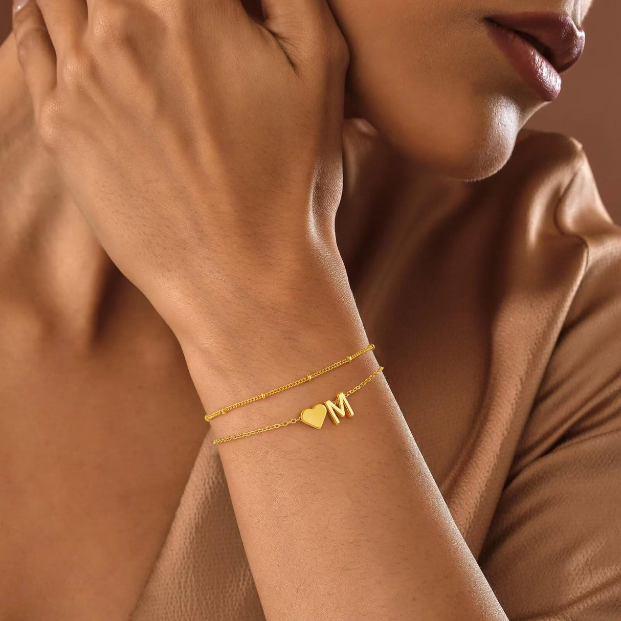 M MOOHAM Bracelets for Women - Dainty 14K-Gold-Plated Heart Initial Letter S Bracelets for Women Mom, Personalized Birthday Gifts for Mom Grandma Wife Womens Jewelry