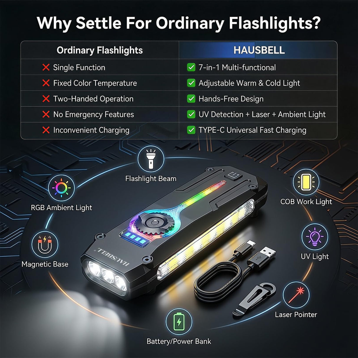 Flat EDC Flashlight, 1800 Lumens Rechargeable Pocket Light with UV & RGB, Stepless Dimming Magnetic Work Light Slim Stainless Steel Flashlight with Red Light for Cats, USB-C for Camping Home Emergency