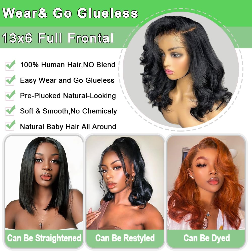 Bob Wig Human Hair 13x6 Body Wave HD Lace Front Wigs Human Hair 200% Density Glueless Lace Frontal Wigs Human Hair Pre Plucked Short Bob Wigs for Black Women Natural Black 14 inch Wavy Human Hair Wig