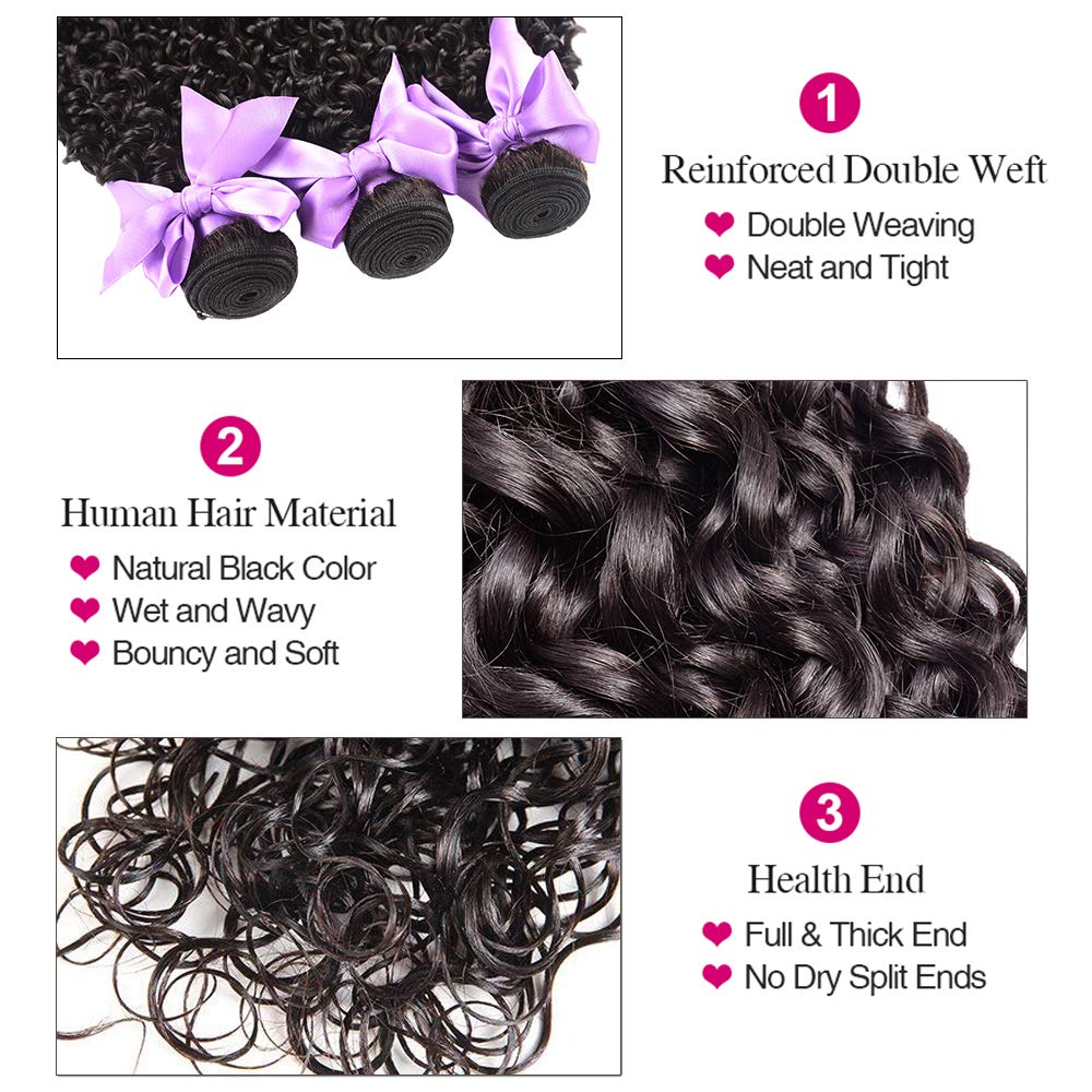 Brazilian Virgin Hair Bundles Water Wave Human Hair Bundles (16 18 20 22) 9A Unprocessed 100% Human Hair Wet and Wavy Hair Weave Bundles Can Be Dyed Deep Curly 4 Bundles Hair Extensions Natural Color