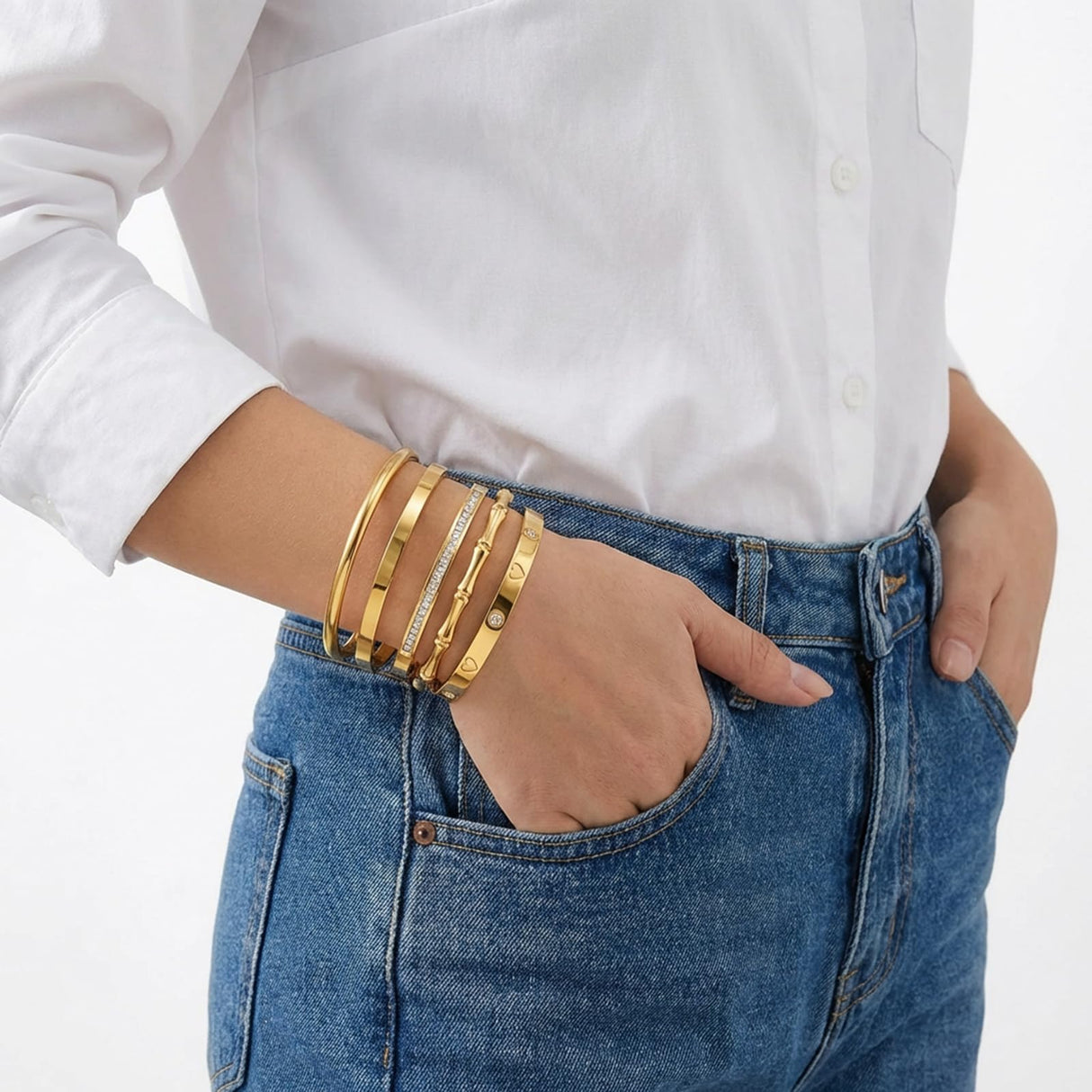 Camhanno Gold Bangle Bracelets for Women Trendy Waterproof - 18K Gold Plated Stackable Bamboo Style Stainless Steel Bracelets Non Tarnish Fashion Jewelry Gifts for Women