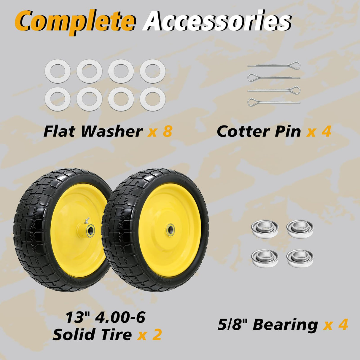 Nuphtun 13 Inch 4.00-6 Flat Free Tire and Wheel Replacement for Gorilla Cart with 5/8" & extra 3/4" Bearings, 4.00-6 Wheelbarrow Tire, 13" Garden Cart Wheels, Trailer Turf Tire, 2 Pack