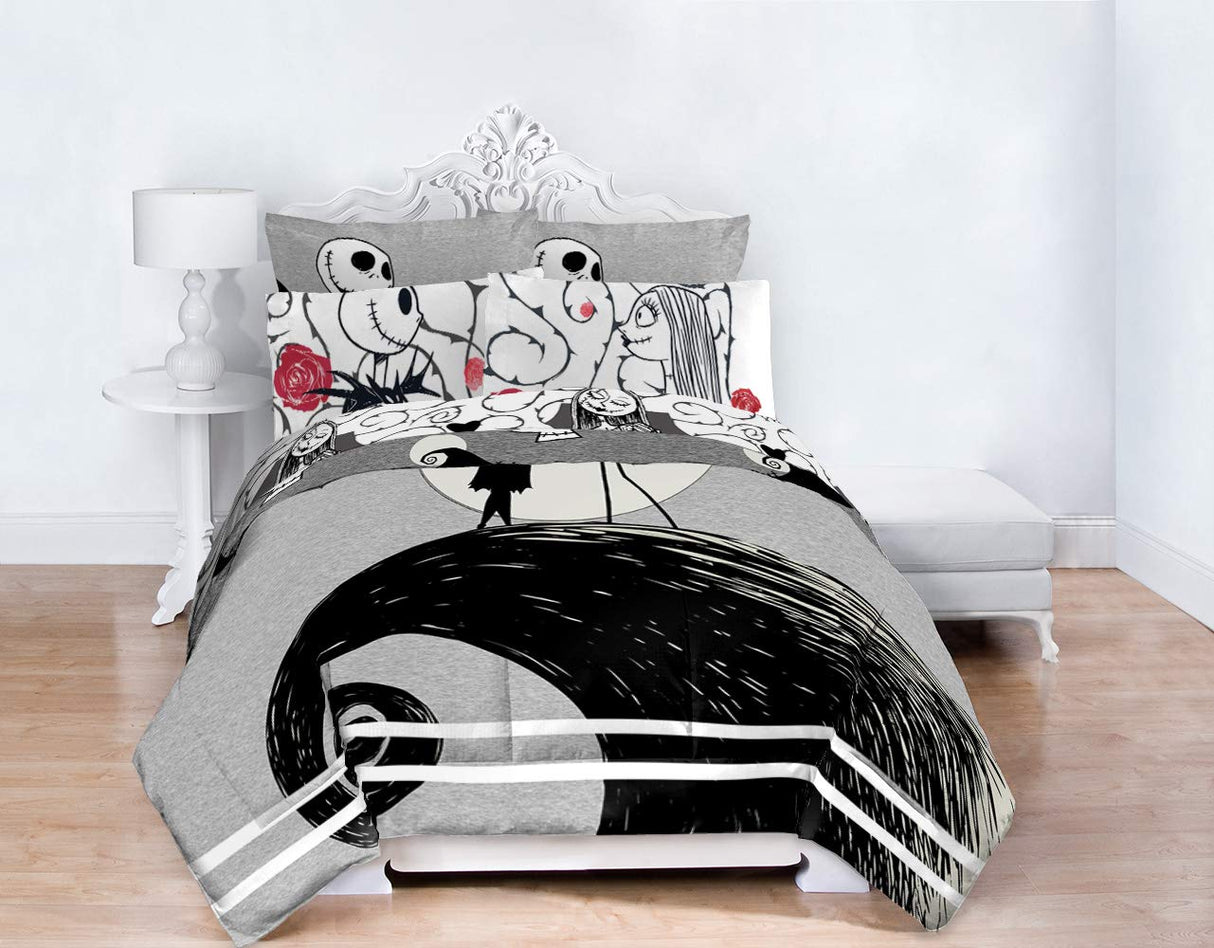 Jay franco Disney Nightmare Before Christmas Moonlight 7 Pc Jay franco Queen Bed Set-Includes Reversible Comforter&Sheet Set-Features Jack&Sally-Super Soft Fade Microfiber-(Official Disney Product)