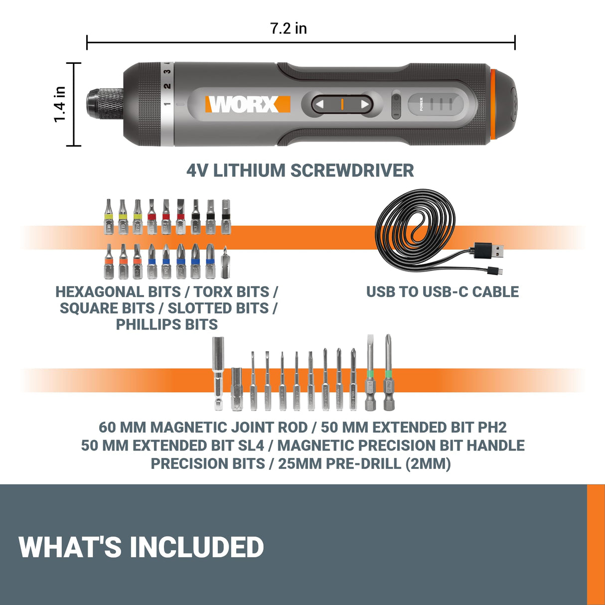 WORX WX242L 4V Lithium Screwdriver - 30-Piece Accessory Kit - Cordless Electric Driver - Rechargeable Battery - Black/Silver - Home DIY, Assembly, Furniture Installation, Repairs, Professional Use