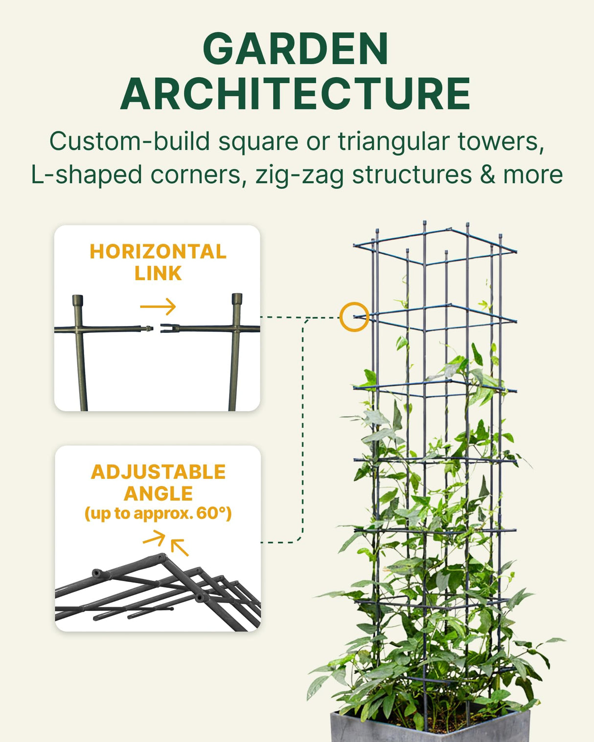 DAIM Multi Link Trellis Plant Support Garden Trellis for Climbing Plants Outdoor Plant Supports for Indoor Plants Stackable Fence Tower Modular L or V-Shape for Balconies & Gardens, Gray, 16 Pieces