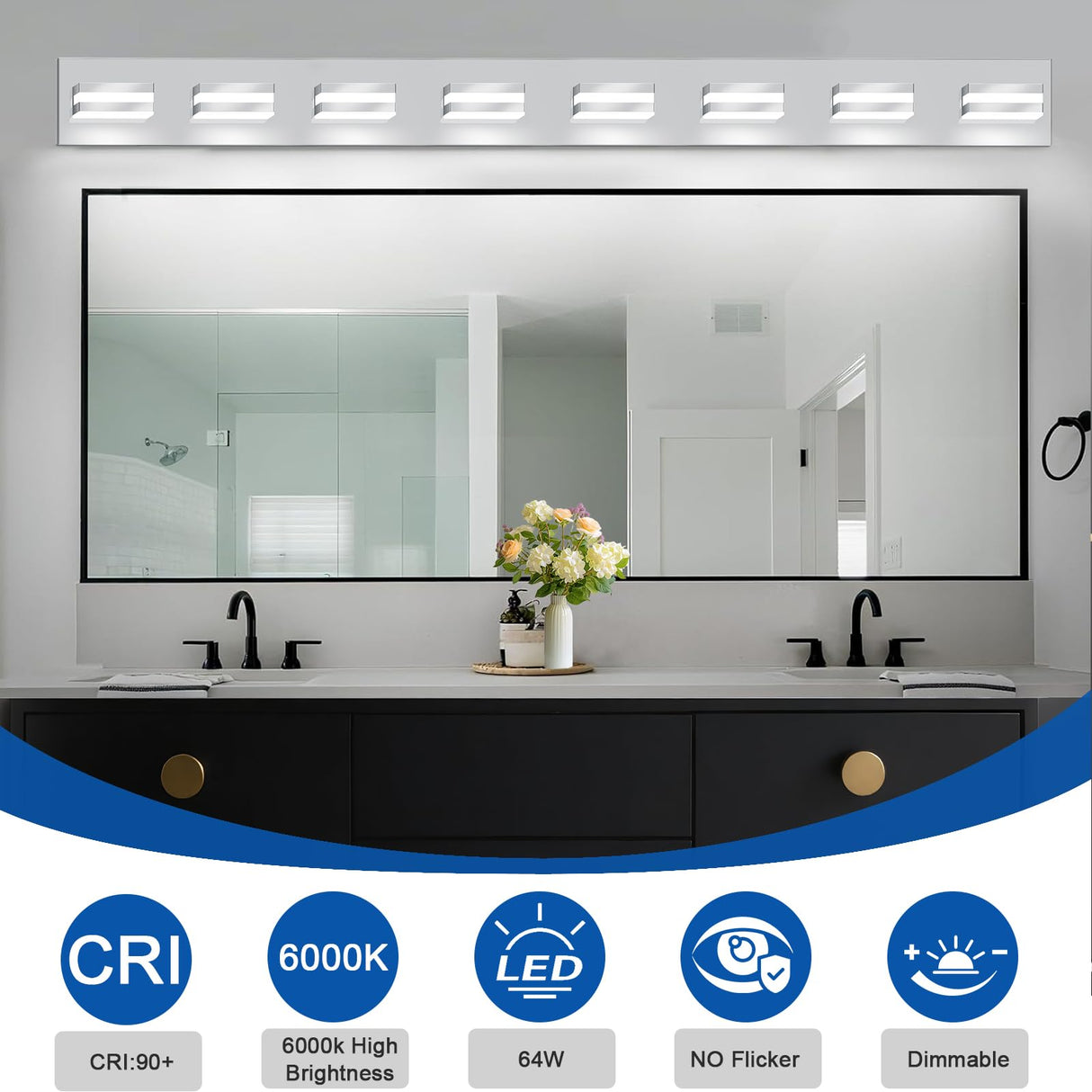 IZORRO LED Modern Bathroom Lights Fixtures(8-Light,Dimmable,360°Rotate),Chrome Acrylic Wall Lighting,Vanity Lights for Bathroom Over Mirror - 6000k 48In (No Assembly Required)