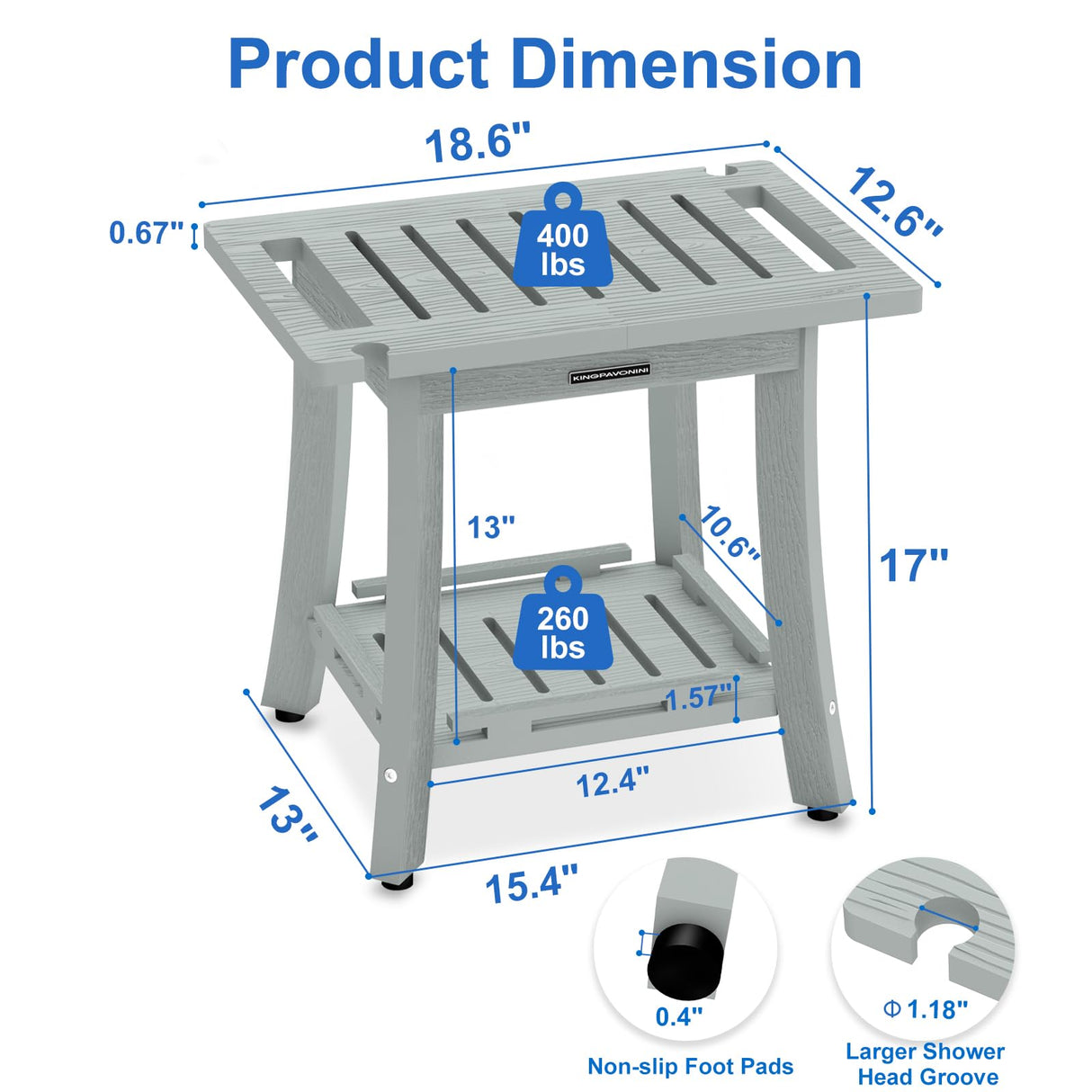 KingPavonini HDPS Shower Benches for Inside Shower to Sit on, Waterproof Shower Stool for Shaving Legs, Heavy Duty 400LBS Shower Seat with Storage Shelf, Shower Chair for Bathroom/Indoor/Outdoor Use