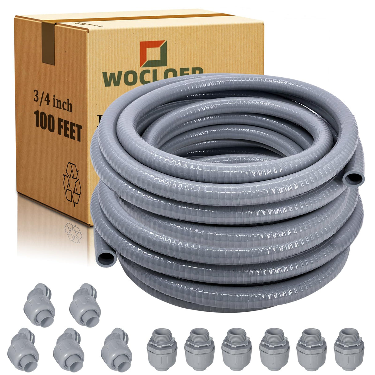 Wocloer 3/4 inch 100Ft Liquid-Tight Conduit Kit, Flexible Non Metallic Electrical Conduit, with 6 Straight and 5 Angle Fittings Included. 3/4" Dia