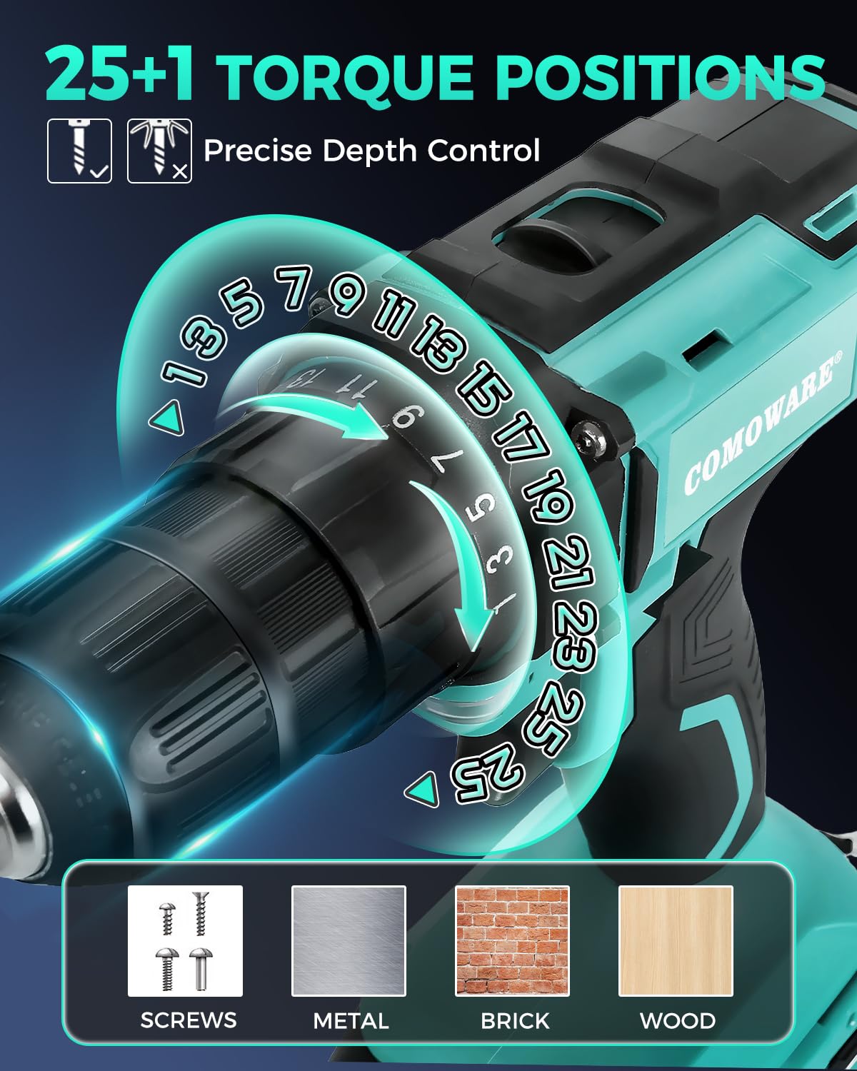 COMOWARE 20V Cordless Drill, Electric Power Drill Set with 1 Battery & Charger, 3/8" Keyless Chuck, 2 Variable Speed, 266 In-lb Torque, 25+1 Position and 34pcs Power/Driver Bits