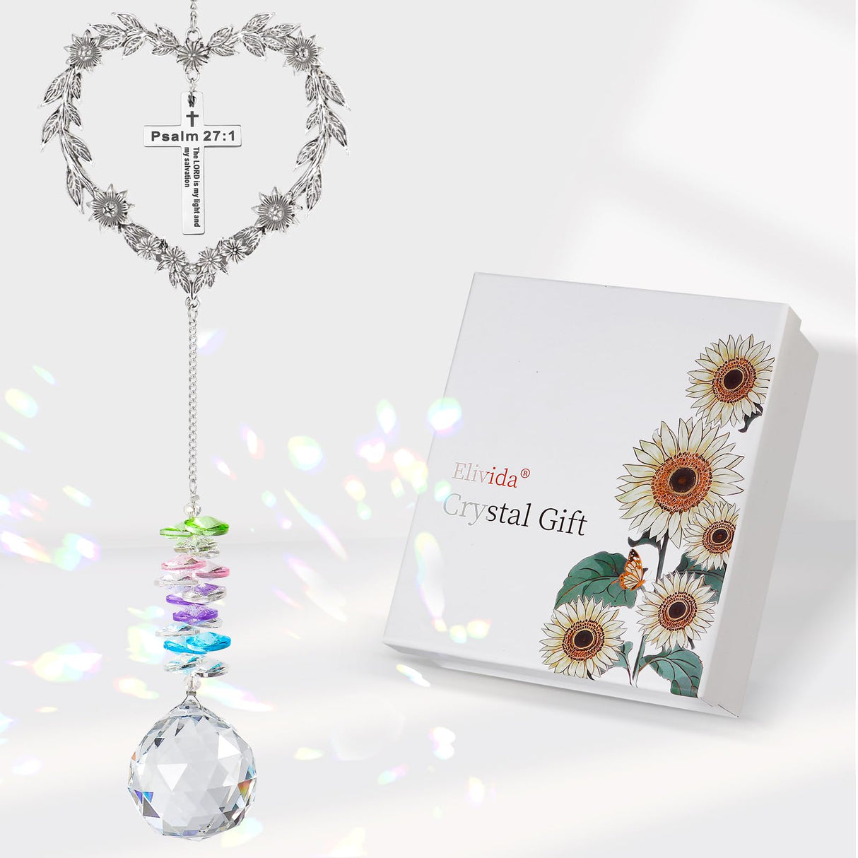 Elivida Christian Gifts for Women, Heart-Shaped Suncatcher with Cross - Religious Birthday Ornament with Scripture The Lord is My Light and My Salvation - Inspirational Catholic Spiritual Gifts