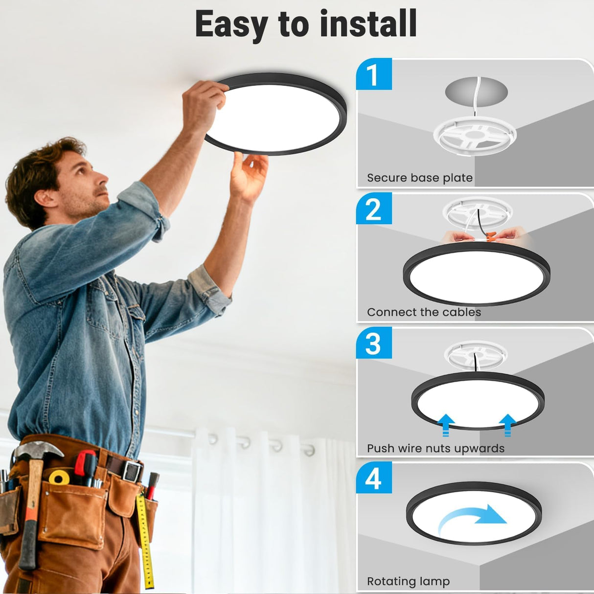 Fairdeer 2 Pack LED Flush Mount Ceiling Light,12Inch 24W,3000K/3500K/4000K/5000K/6500K 5 Color Temperatures Ceiling Light Fixture for Kitchen Porch Hallway Bedroom Bathroom and Closet,Black