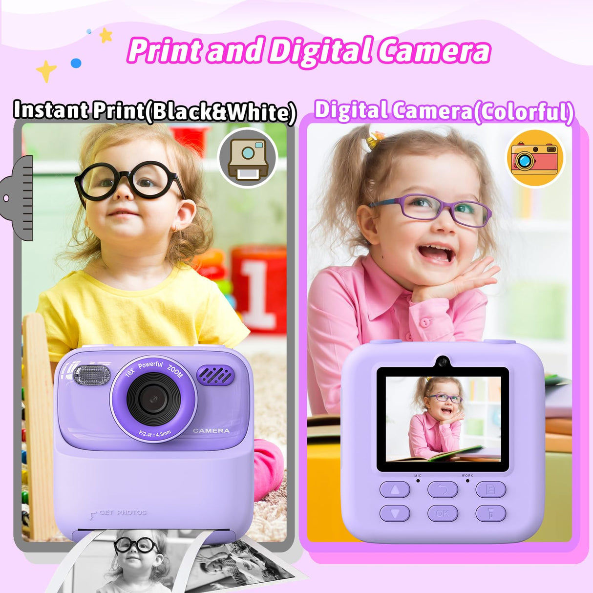 Kids Instant Digital Cameras for Boys and Girls, 1080P HD Dual-Lens Selfie Digital Camera with Print Paper & 32G Card, Christmas Birthday Gifts Toys for Toddler and Teenagers Age 3-16 Years Old