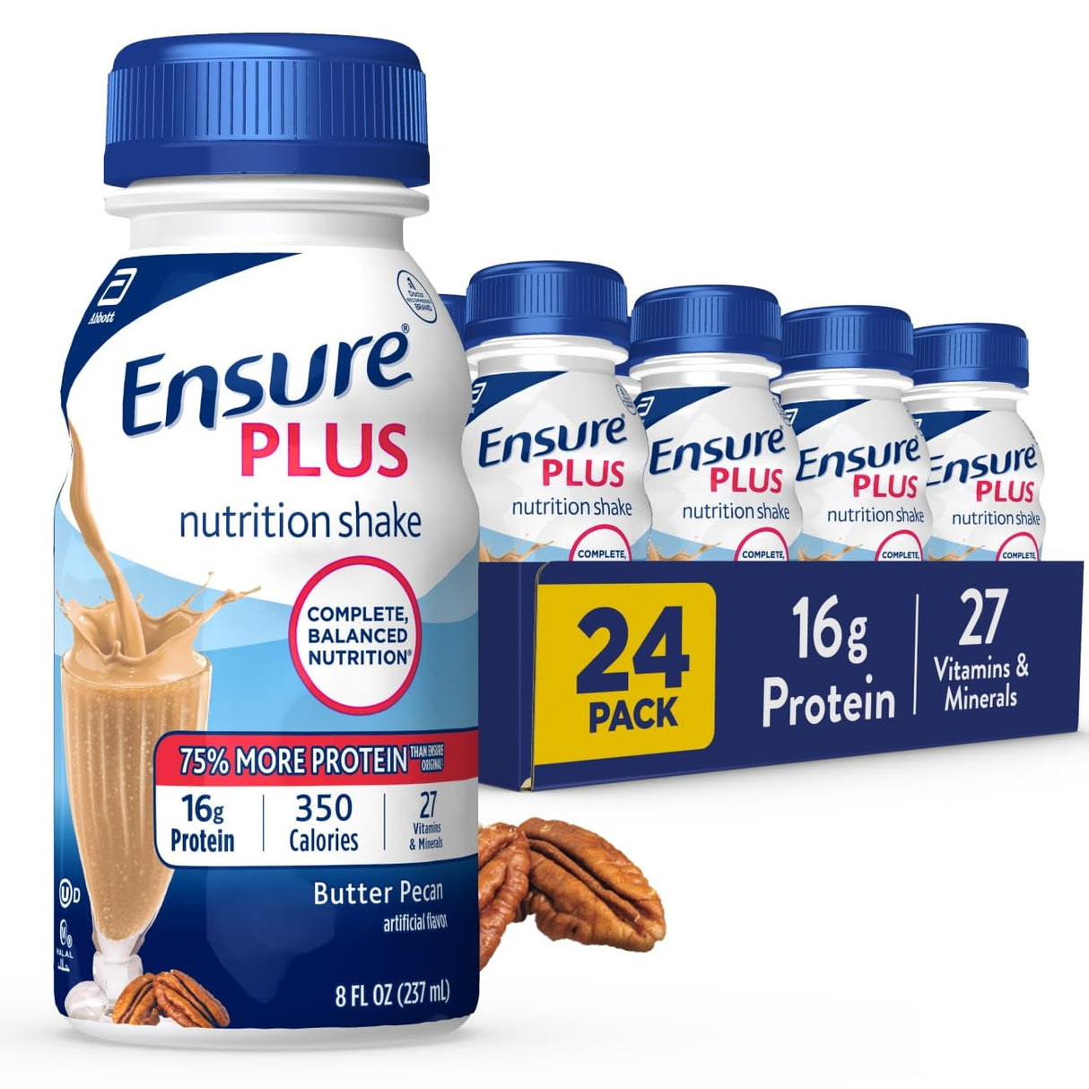 Ensure Plus Butter Pecan Nutrition Shake | Meal Replacement Shake | Ready To Drink | 16g Protein and 27 Vitamins and Minerals | 8 fl oz - 24 Pack