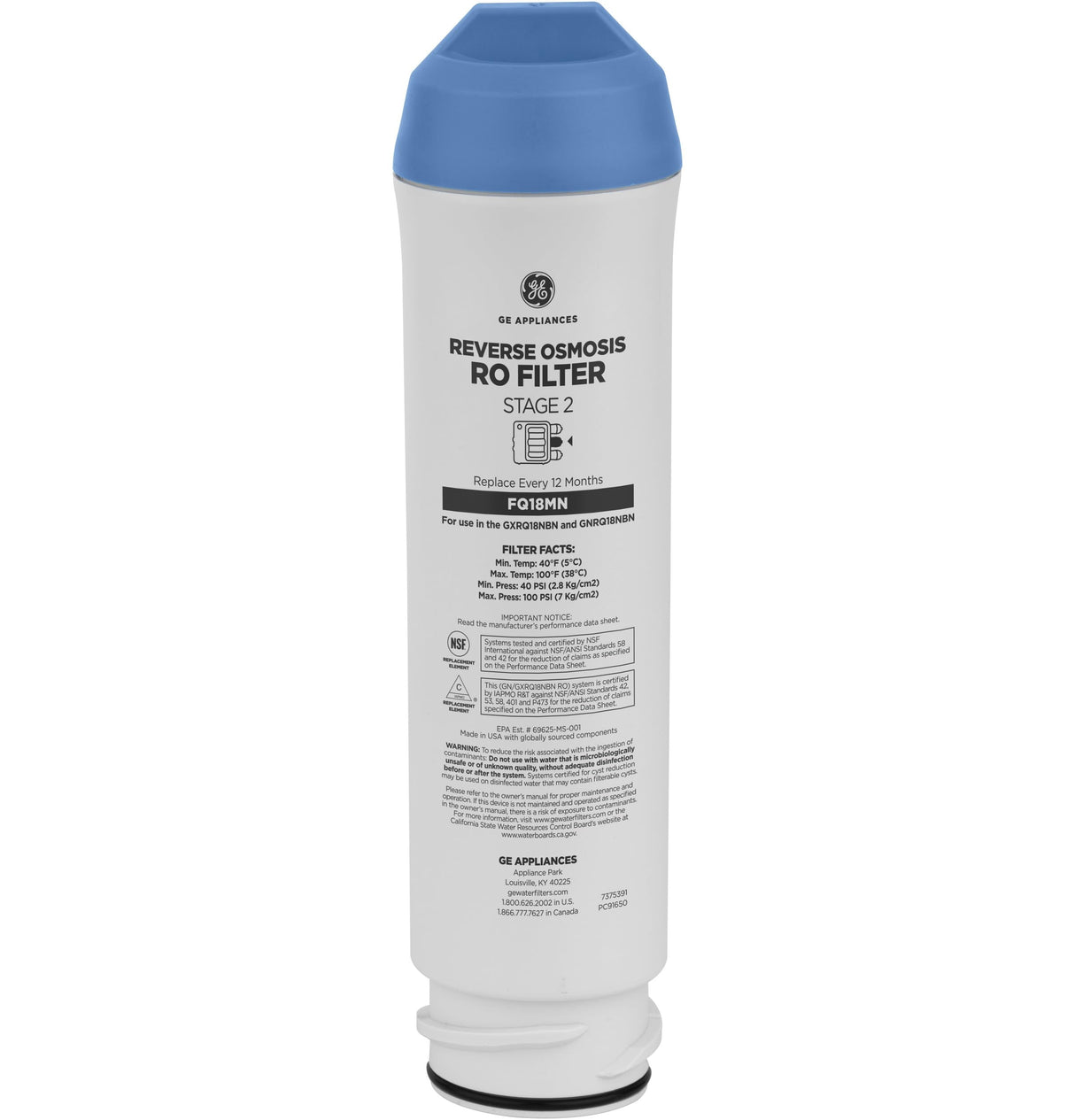 GE Membrane Filter Compatible with Select GE Under Sink Filtration Systems Including GXRQ18NBN, GNRQ18NBN, GXRV40TBN, Replace Every 12 Months, FQ18MN