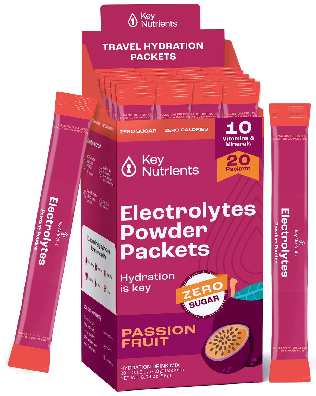 KEY NUTRIENTS Multivitamin Electrolytes Powder Packets - Delicious Passion Fruit 20 Pack Hydration Packets - Travel Hydration Powder - No Sugar, No Calories, Gluten Free - Made in USA